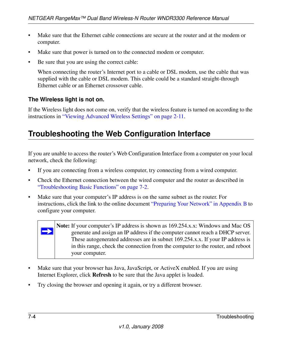 NETGEAR WNDR3300 manual Troubleshooting the Web Configuration Interface, Wireless light is not on 