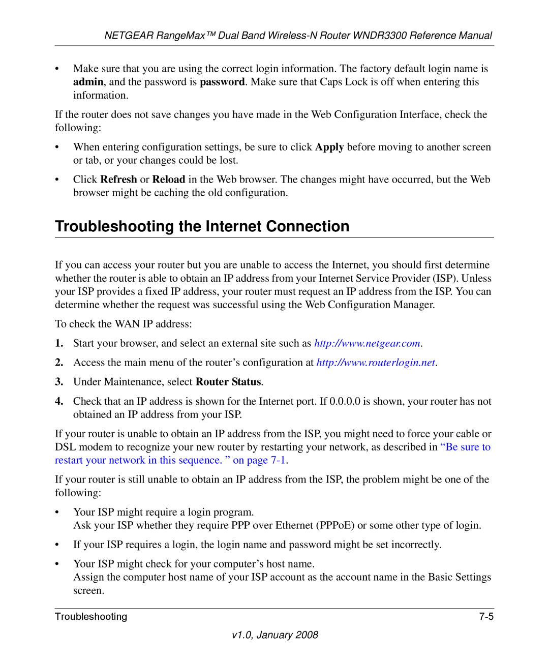 NETGEAR WNDR3300 manual Troubleshooting the Internet Connection 