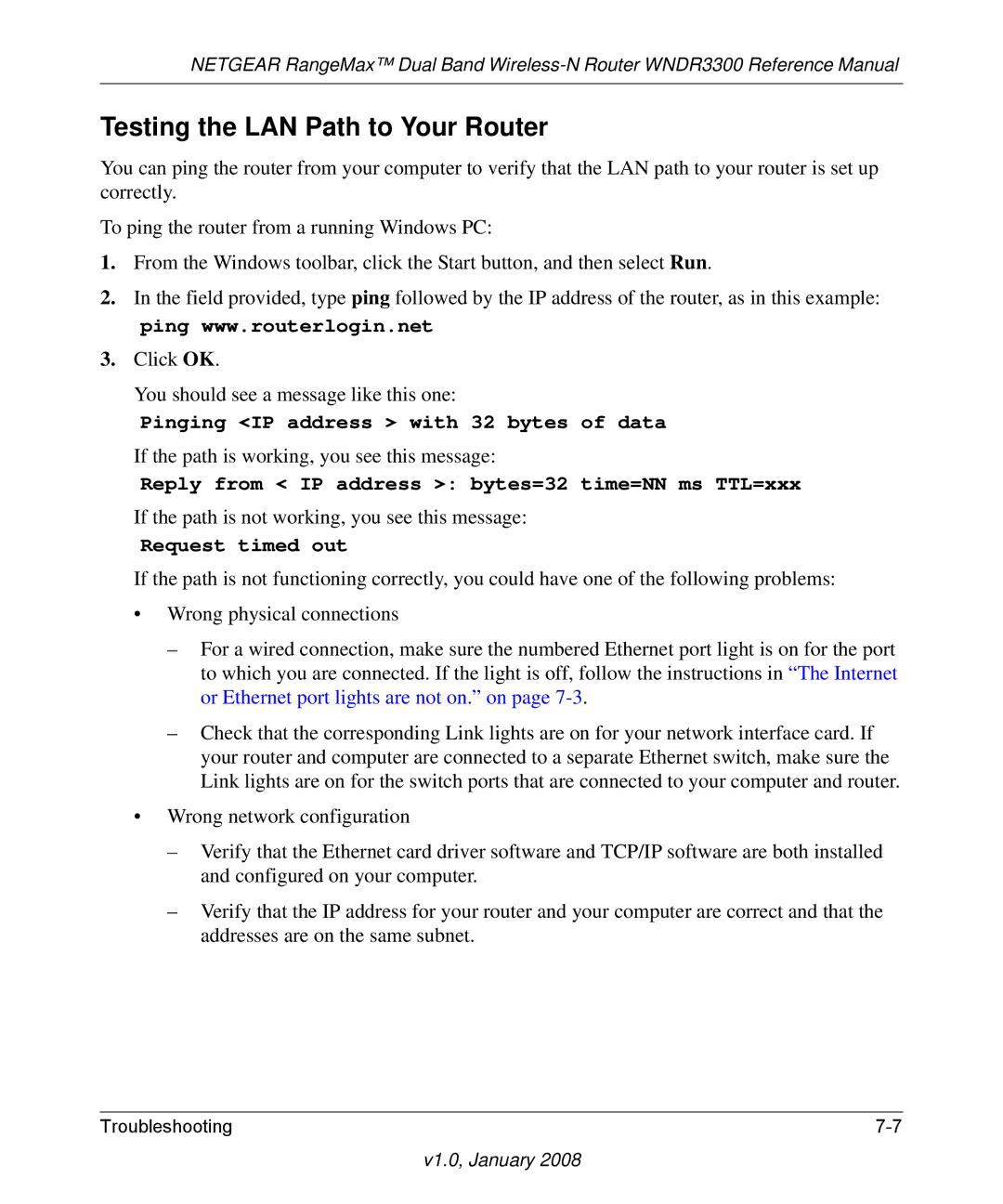 NETGEAR WNDR3300 manual Testing the LAN Path to Your Router, Request timed out 