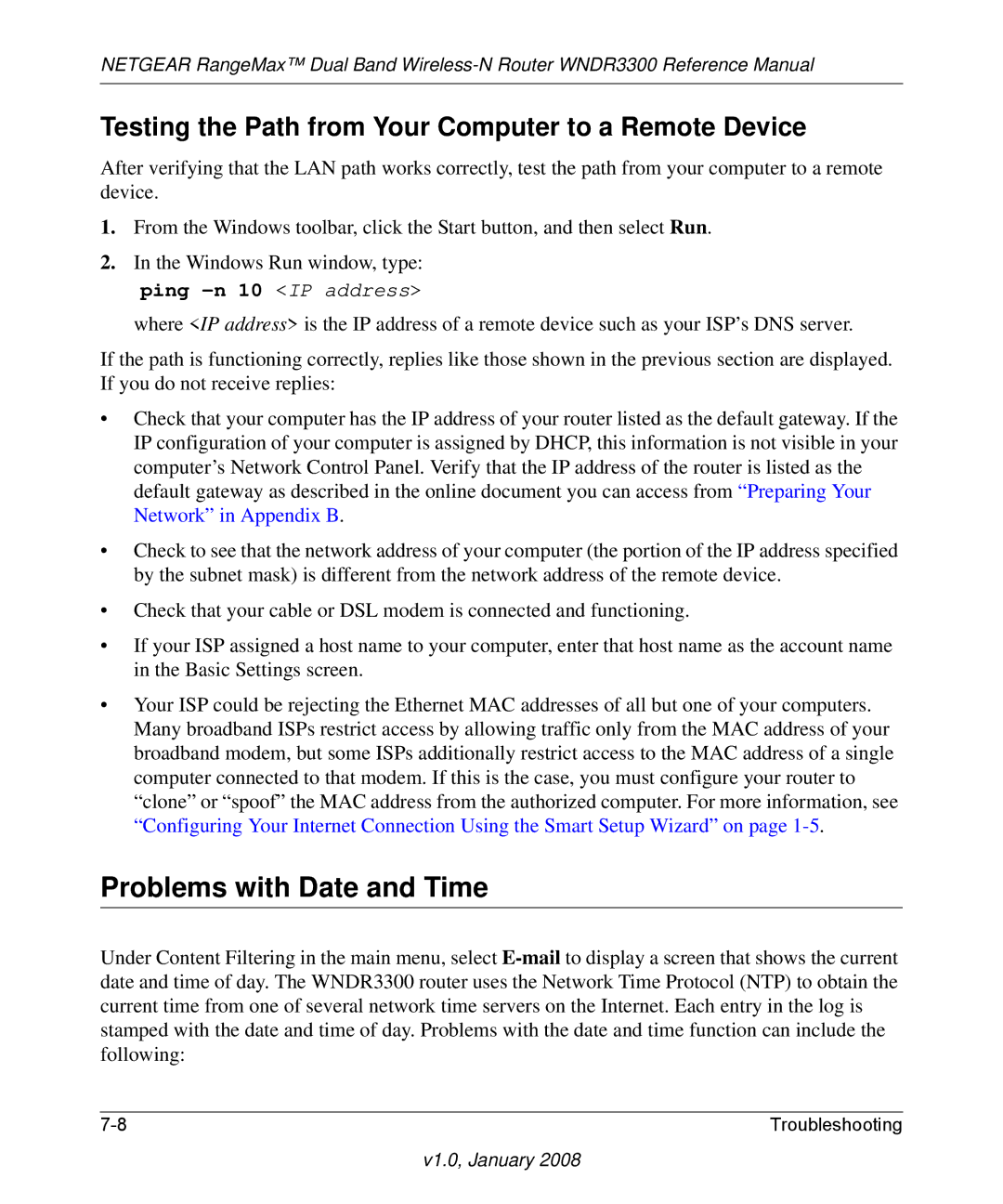 NETGEAR WNDR3300 manual Problems with Date and Time, Testing the Path from Your Computer to a Remote Device 