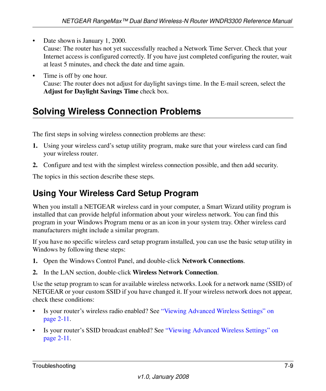 NETGEAR WNDR3300 manual Solving Wireless Connection Problems, Using Your Wireless Card Setup Program 