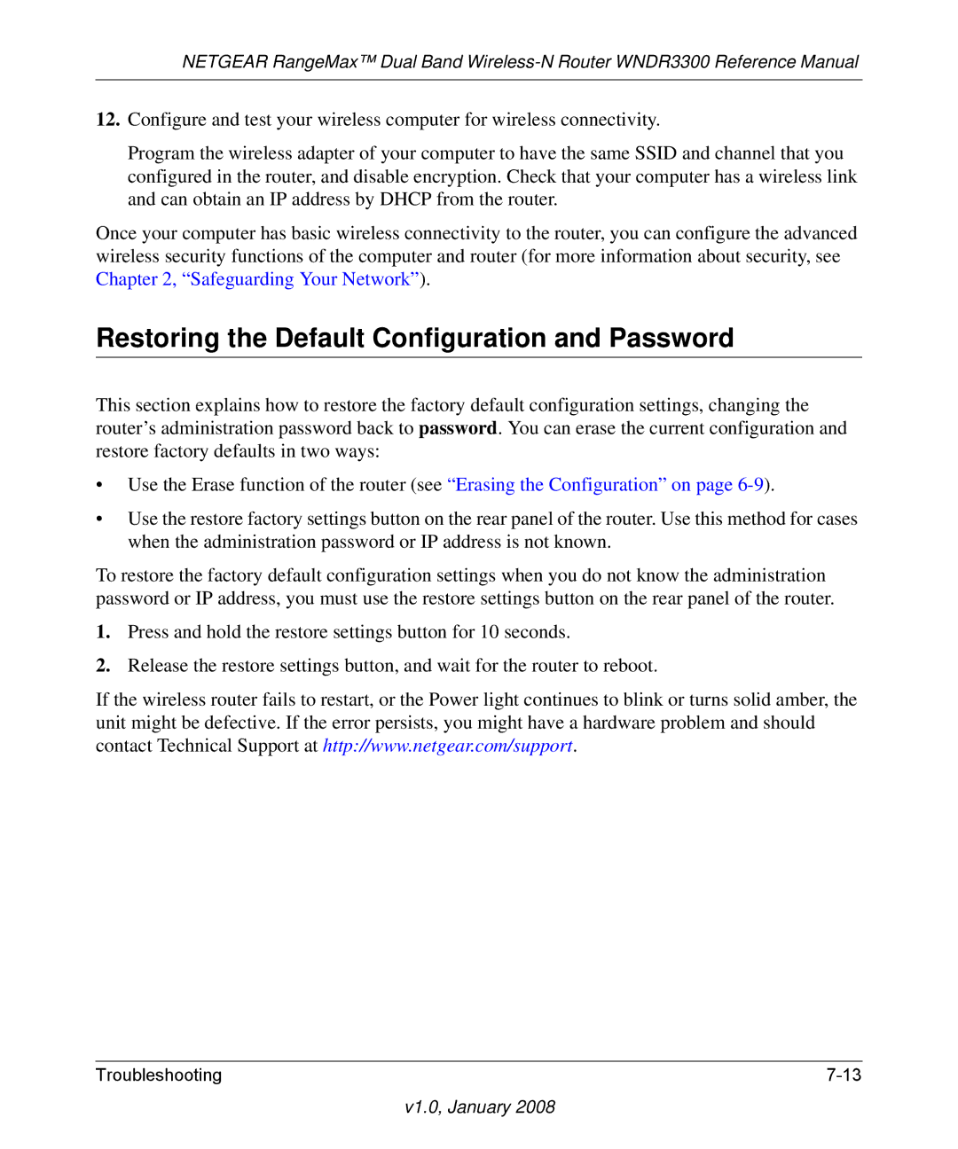 NETGEAR WNDR3300 manual Restoring the Default Configuration and Password 