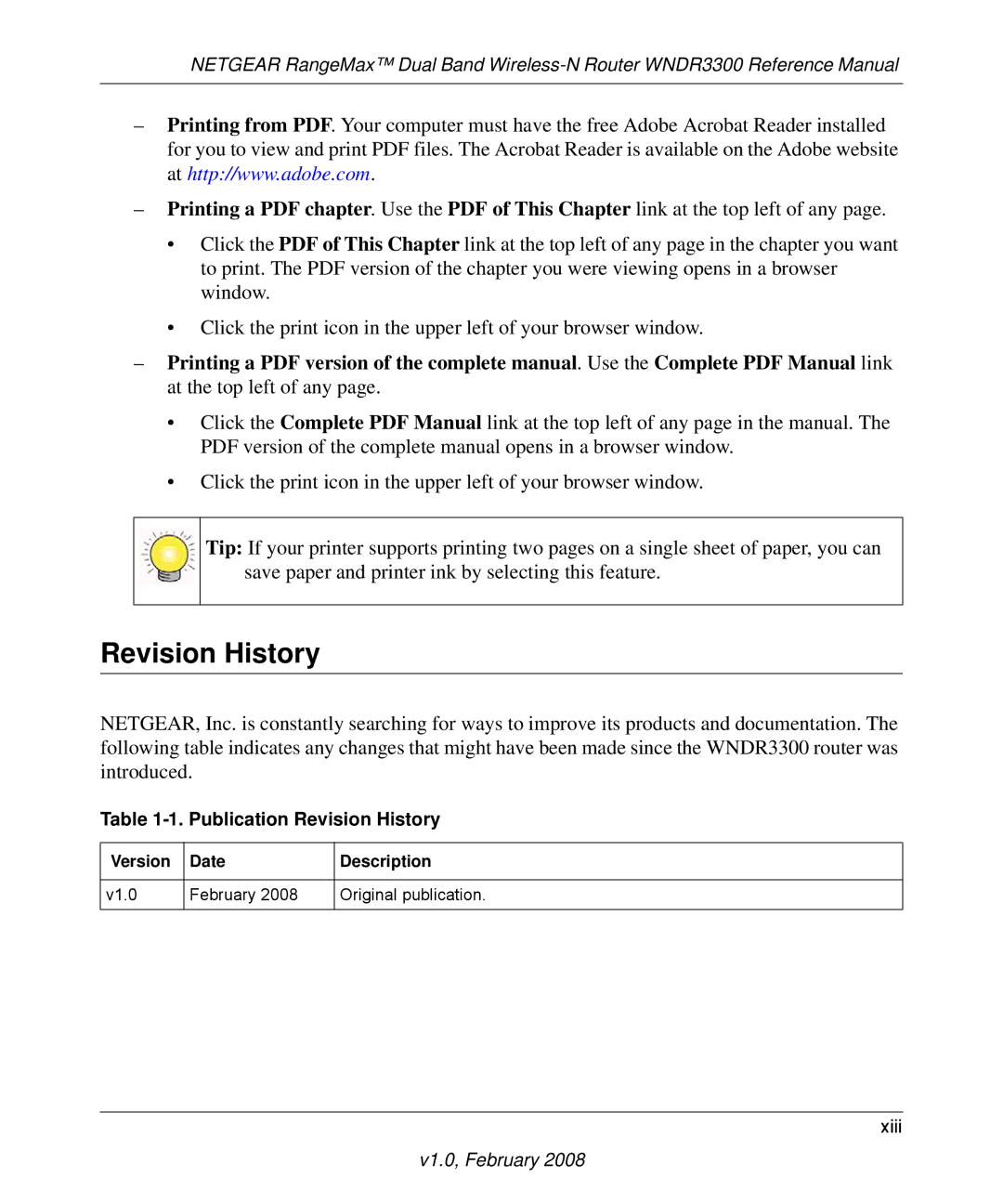 NETGEAR WNDR3300 manual Publication Revision History, Version Date Description V1.0 February Original publication 