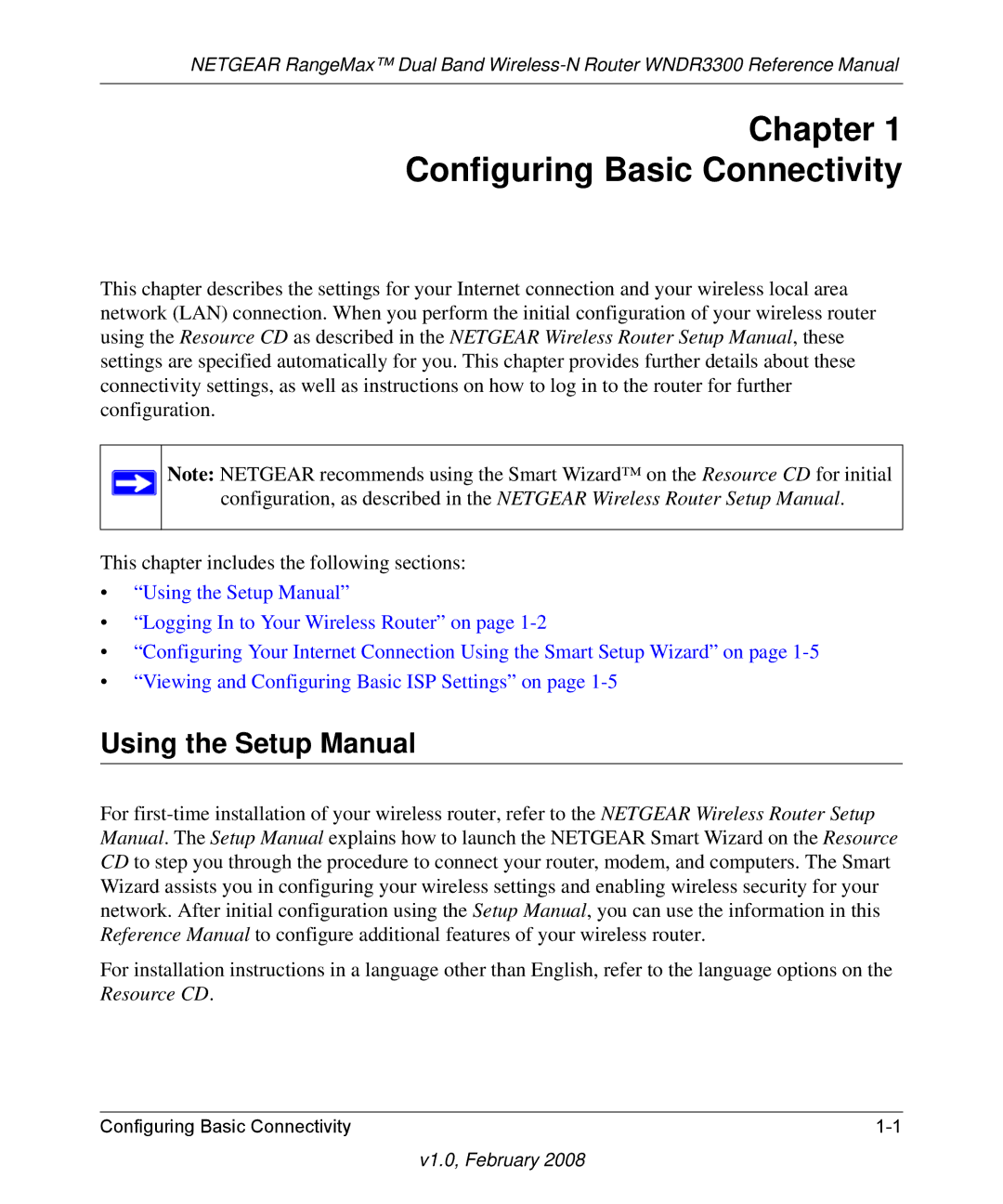 NETGEAR WNDR3300 manual Chapter Configuring Basic Connectivity, Using the Setup Manual 