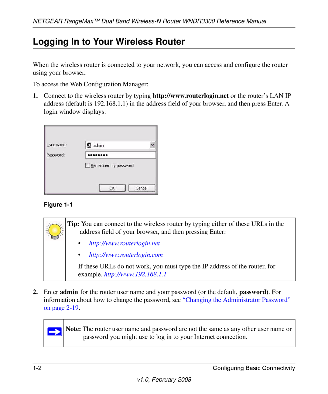 NETGEAR WNDR3300 manual Logging In to Your Wireless Router 