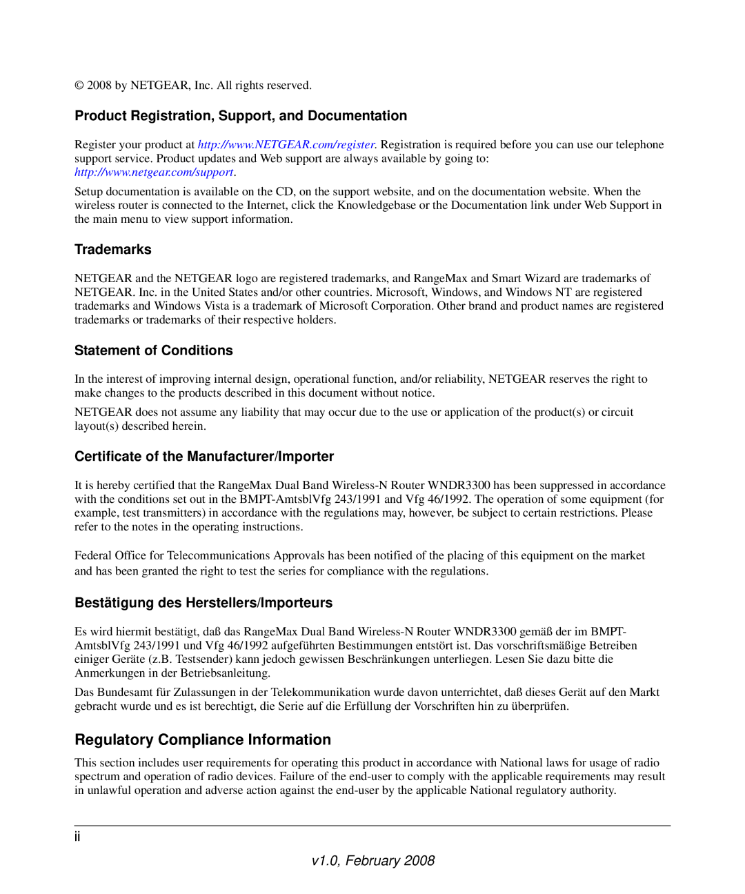 NETGEAR WNDR3300 manual Regulatory Compliance Information 