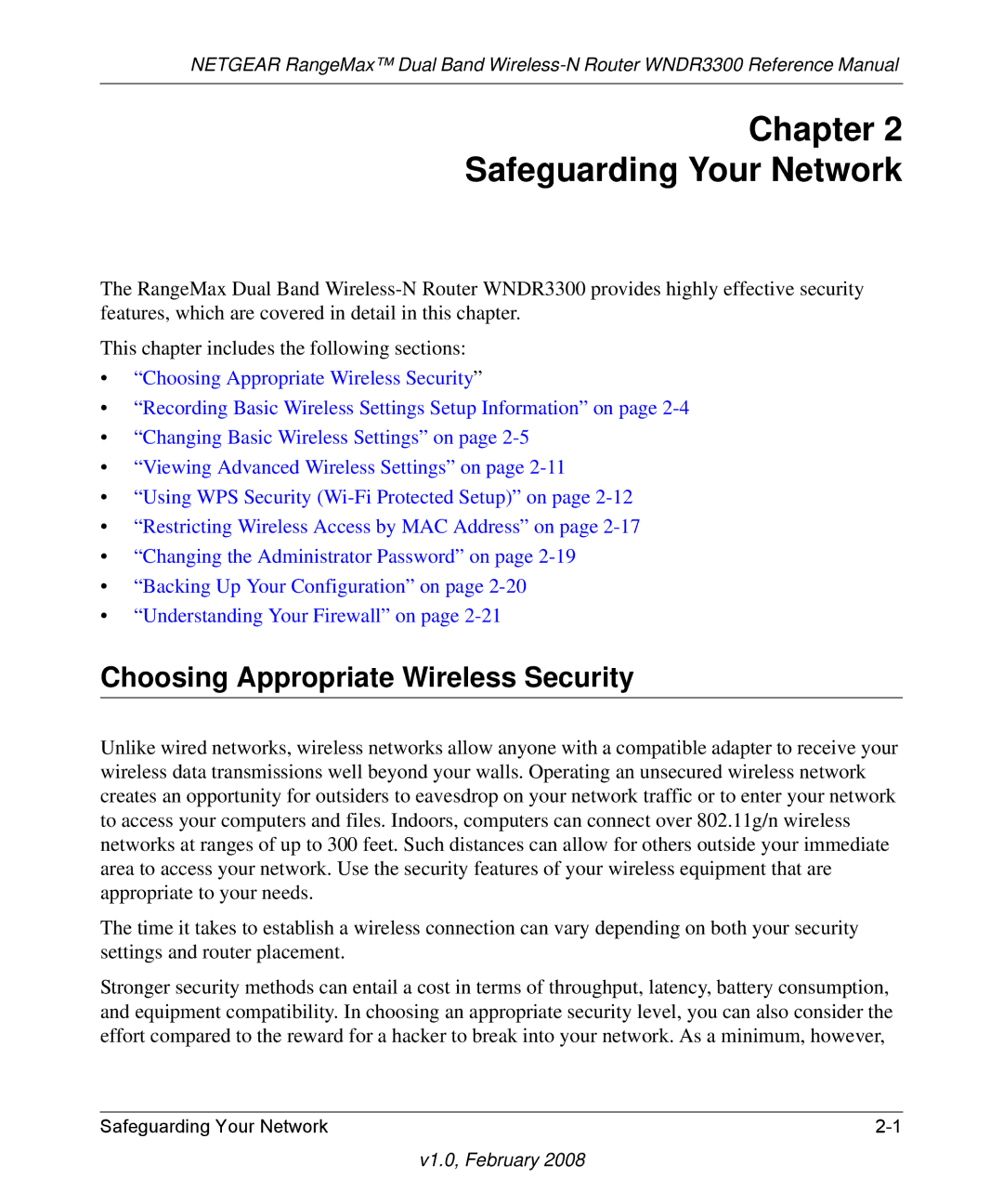 NETGEAR WNDR3300 manual Chapter Safeguarding Your Network, Choosing Appropriate Wireless Security 