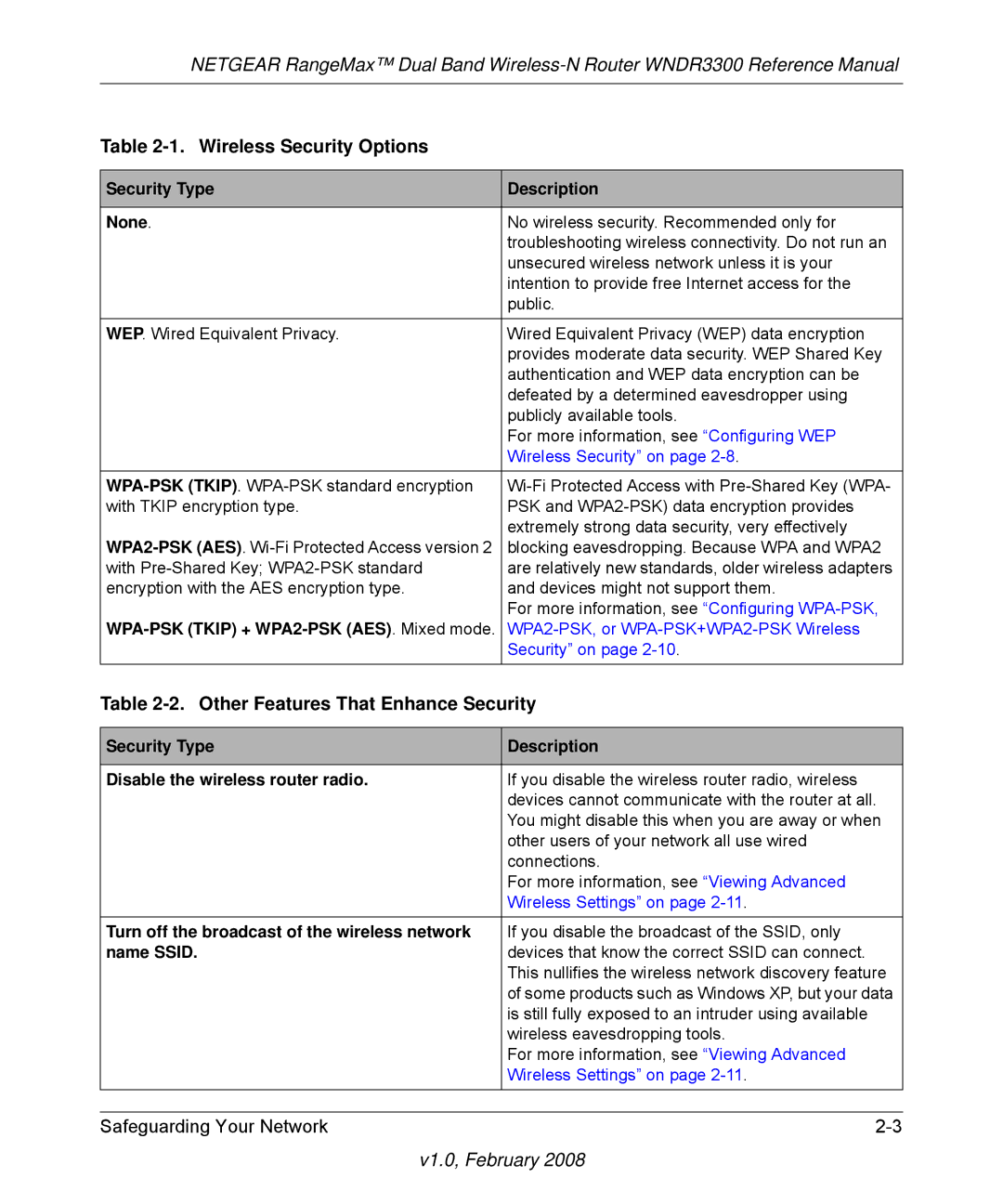 NETGEAR WNDR3300 manual Wireless Security Options, Other Features That Enhance Security 