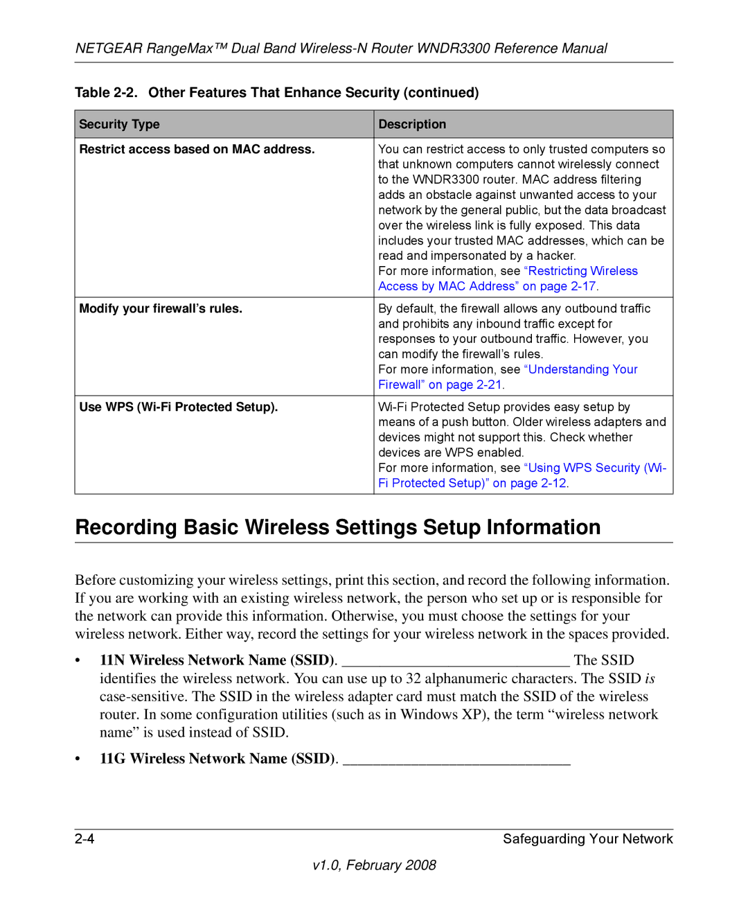 NETGEAR WNDR3300 manual Recording Basic Wireless Settings Setup Information, Modify your firewall’s rules 