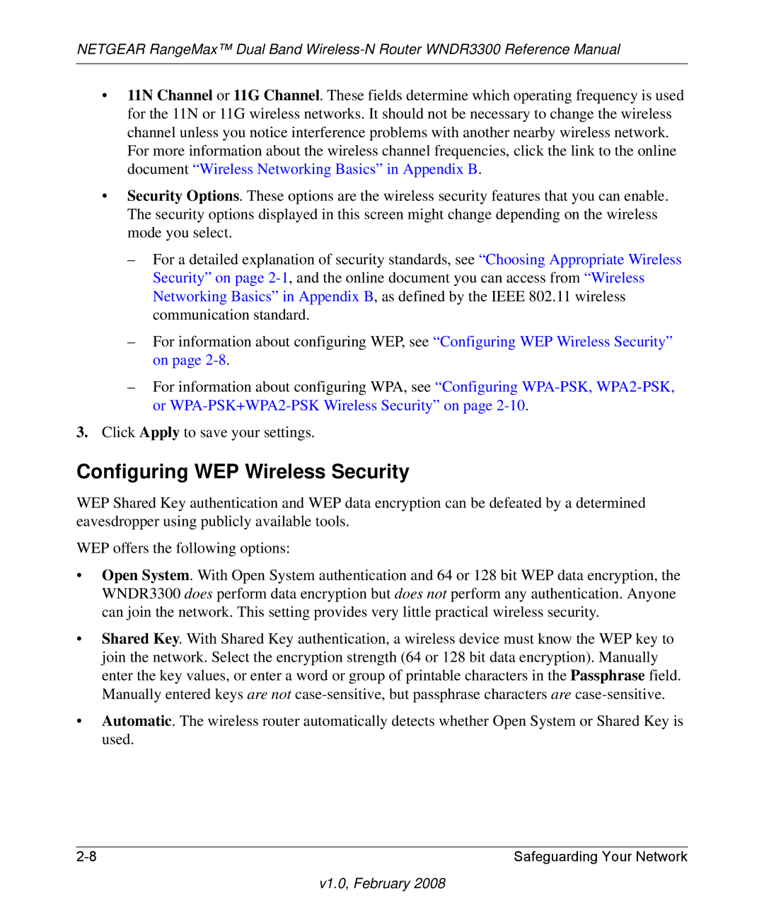 NETGEAR WNDR3300 manual Configuring WEP Wireless Security 