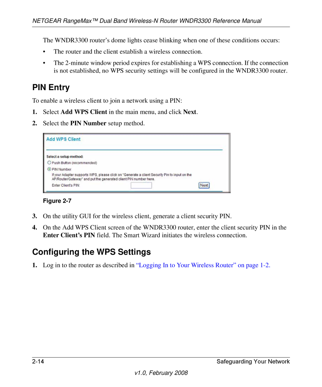 NETGEAR WNDR3300 manual PIN Entry, Configuring the WPS Settings 