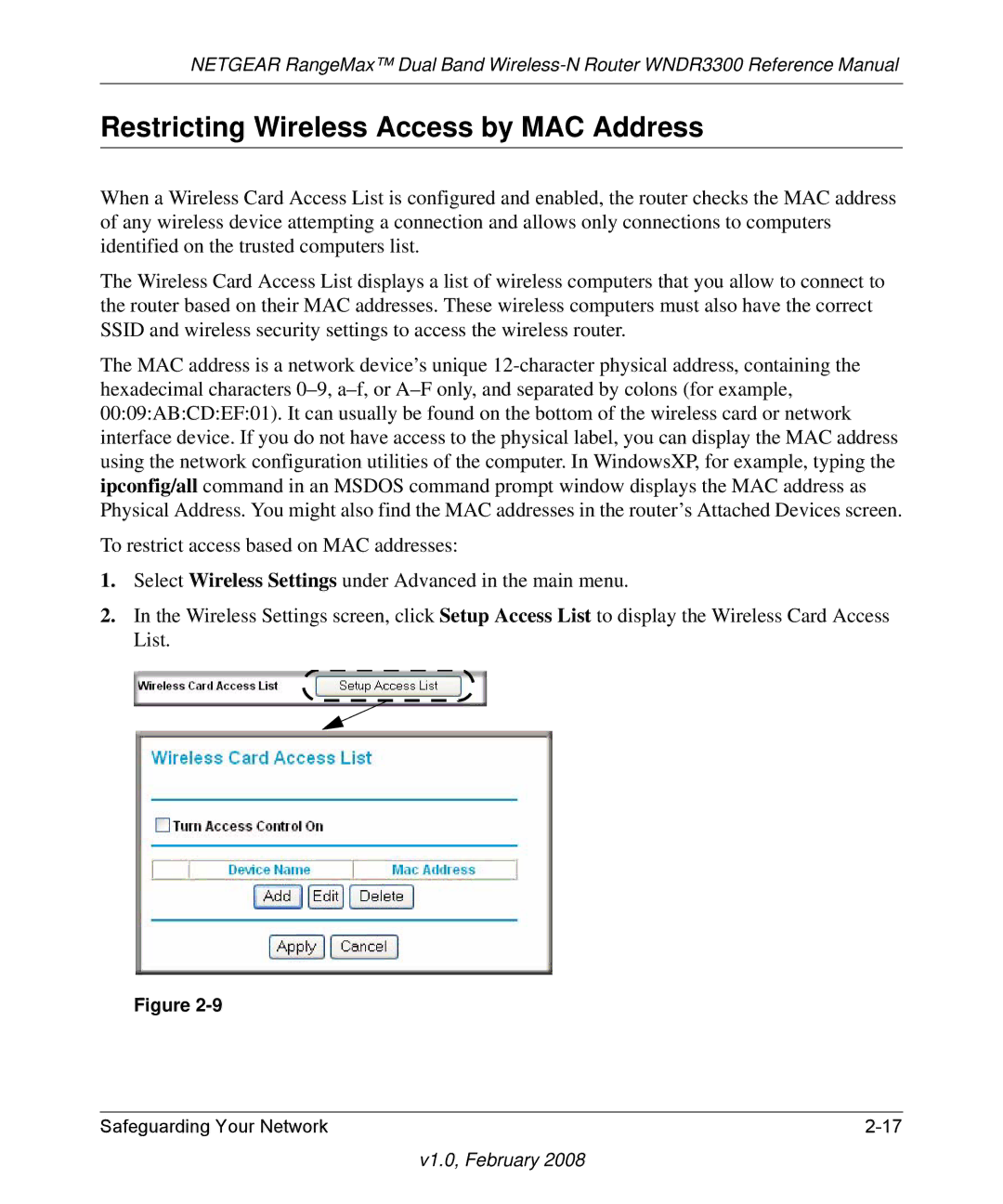 NETGEAR WNDR3300 manual Restricting Wireless Access by MAC Address 