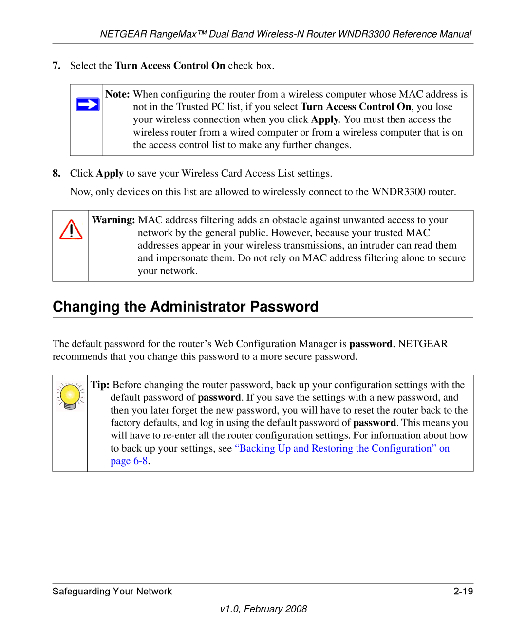 NETGEAR WNDR3300 manual Changing the Administrator Password, Select the Turn Access Control On check box 