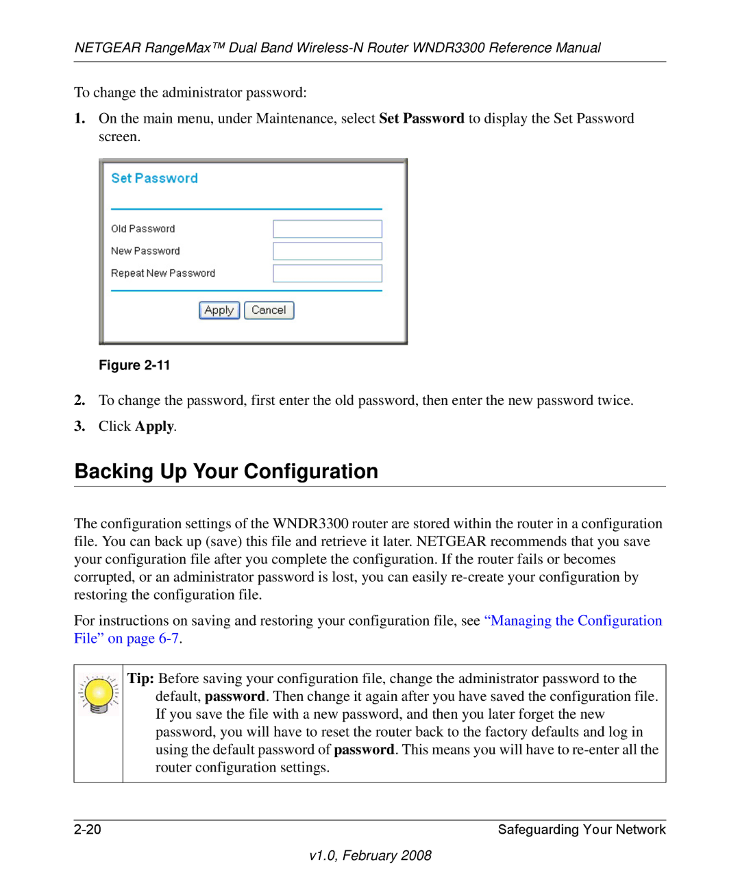 NETGEAR WNDR3300 manual Backing Up Your Configuration 