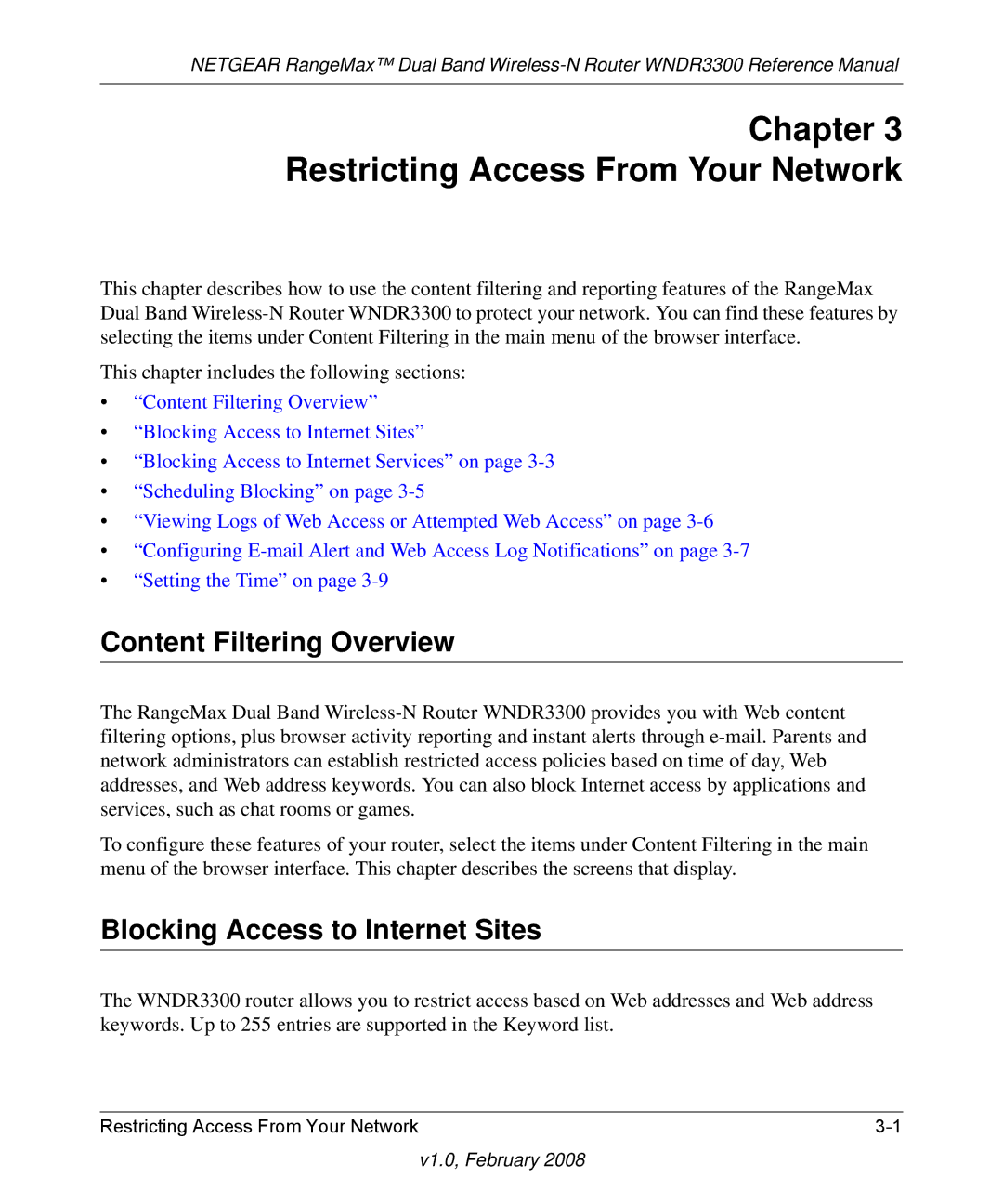 NETGEAR WNDR3300 manual Restricting Access From Your Network, Content Filtering Overview, Blocking Access to Internet Sites 