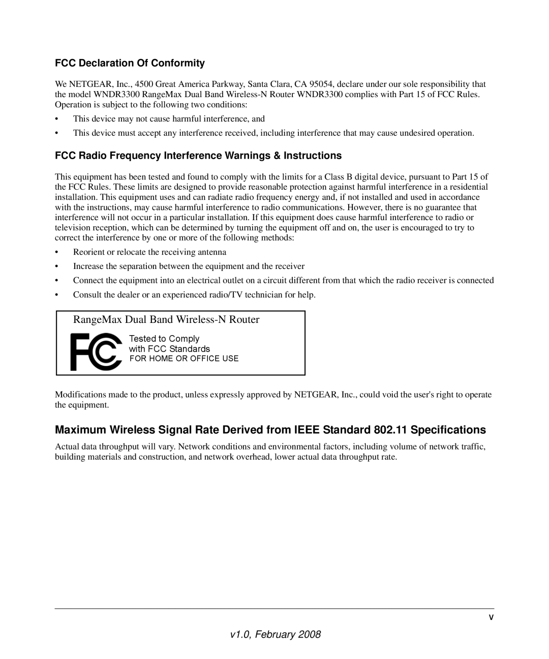 NETGEAR WNDR3300 manual FCC Declaration Of Conformity, FCC Radio Frequency Interference Warnings & Instructions 