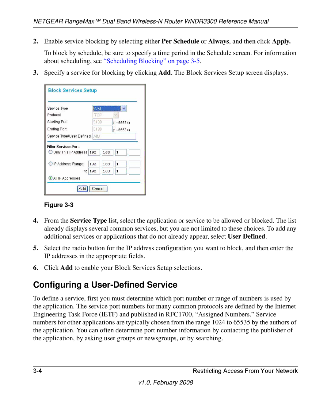 NETGEAR WNDR3300 manual Configuring a User-Defined Service 