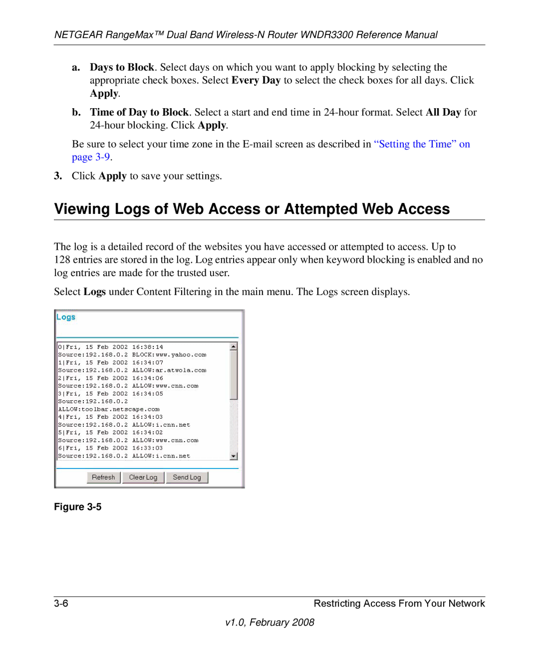 NETGEAR WNDR3300 manual Viewing Logs of Web Access or Attempted Web Access 