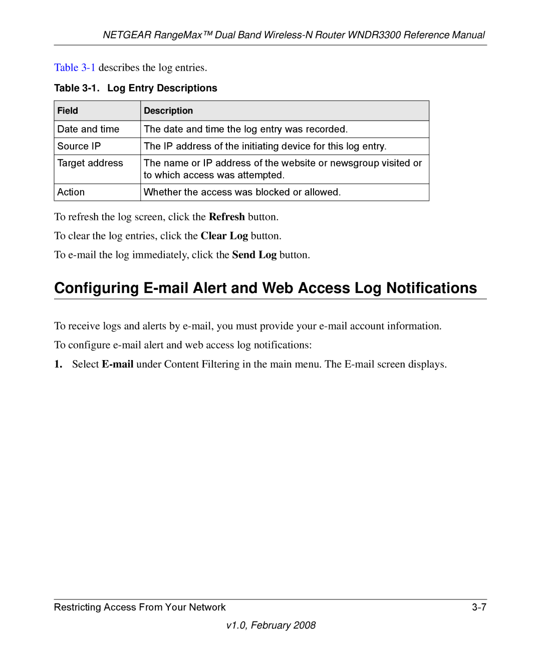 NETGEAR WNDR3300 Configuring E-mail Alert and Web Access Log Notifications, Log Entry Descriptions, Field Description 