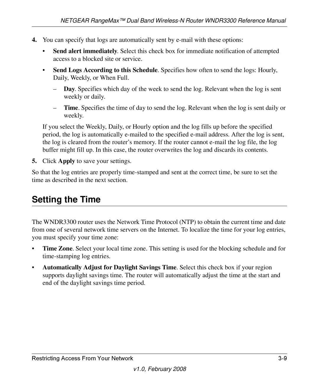 NETGEAR WNDR3300 manual Setting the Time 