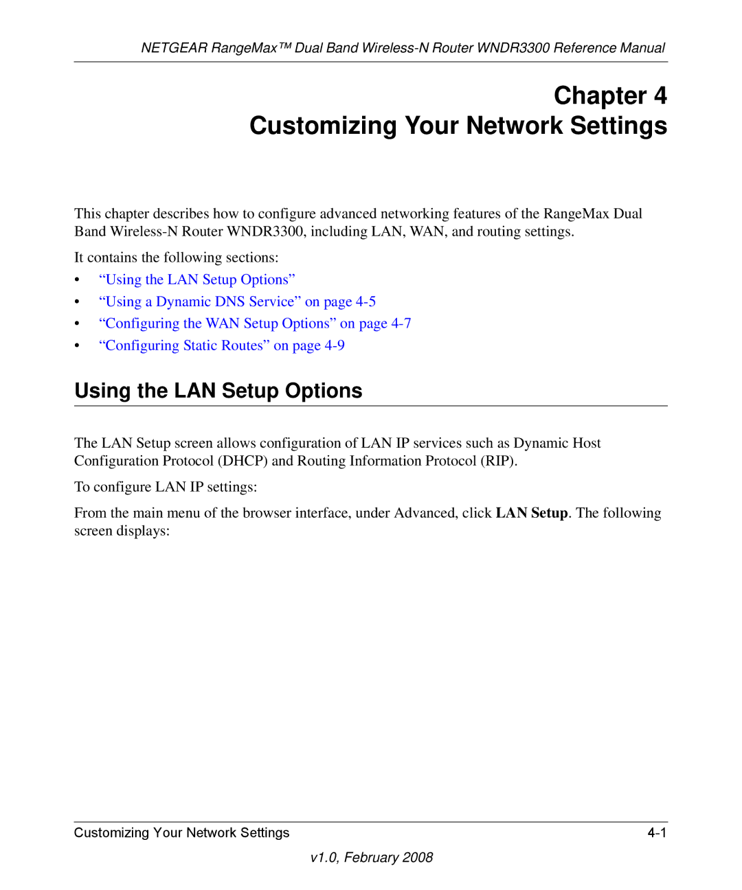 NETGEAR WNDR3300 manual Chapter Customizing Your Network Settings, Using the LAN Setup Options 