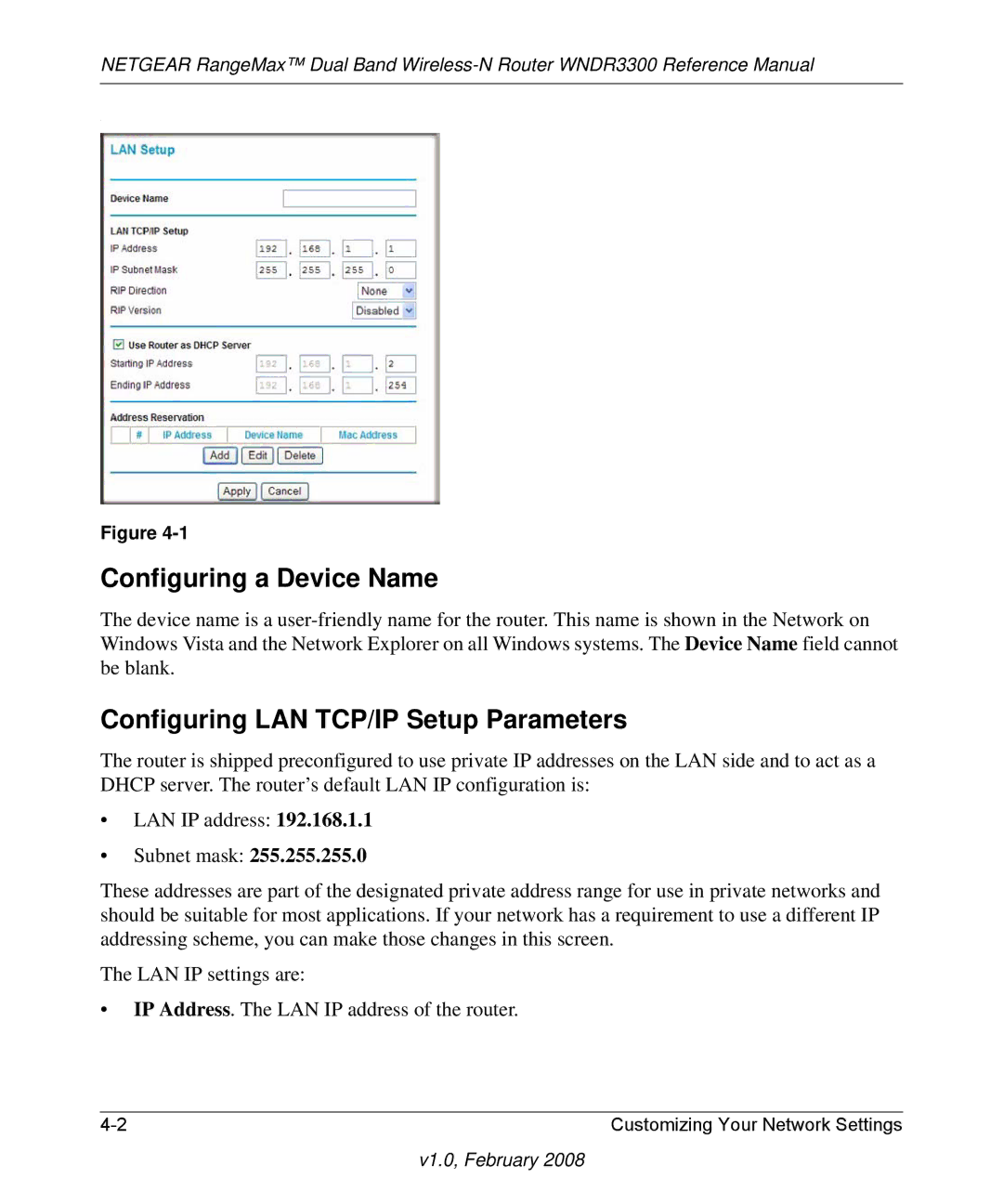 NETGEAR WNDR3300 manual Configuring a Device Name, Configuring LAN TCP/IP Setup Parameters 