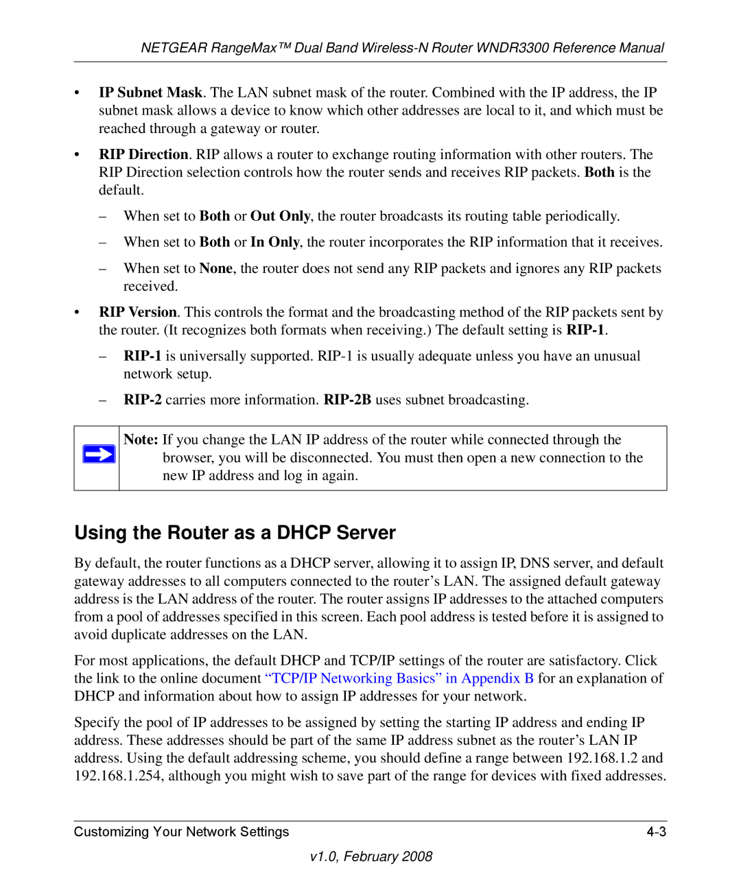 NETGEAR WNDR3300 manual Using the Router as a Dhcp Server 