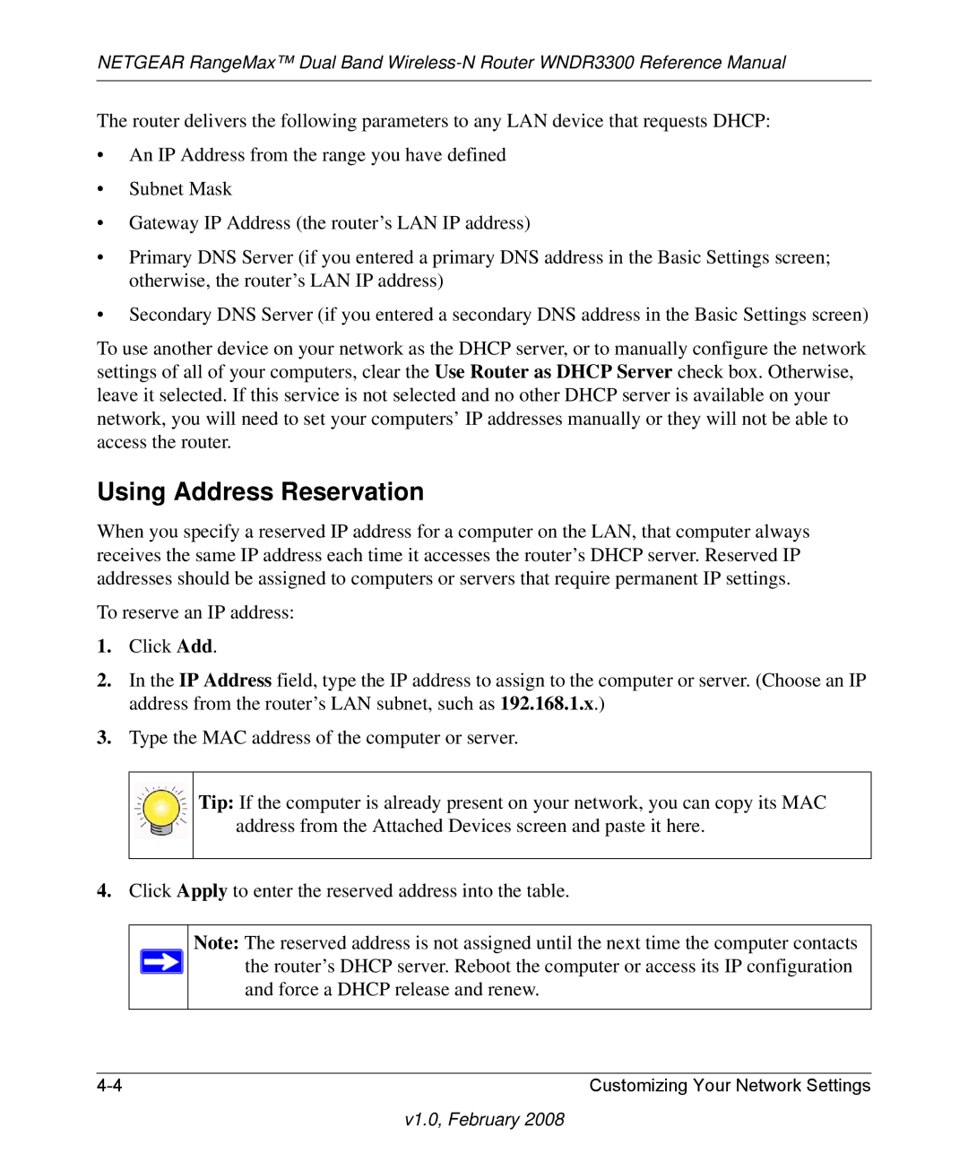 NETGEAR WNDR3300 manual Using Address Reservation 