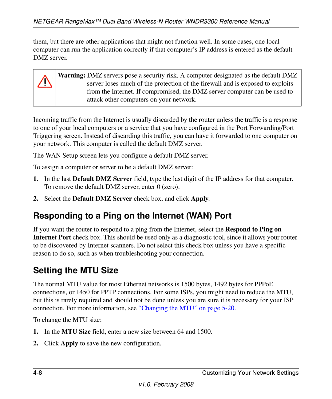 NETGEAR WNDR3300 manual Responding to a Ping on the Internet WAN Port, Setting the MTU Size 