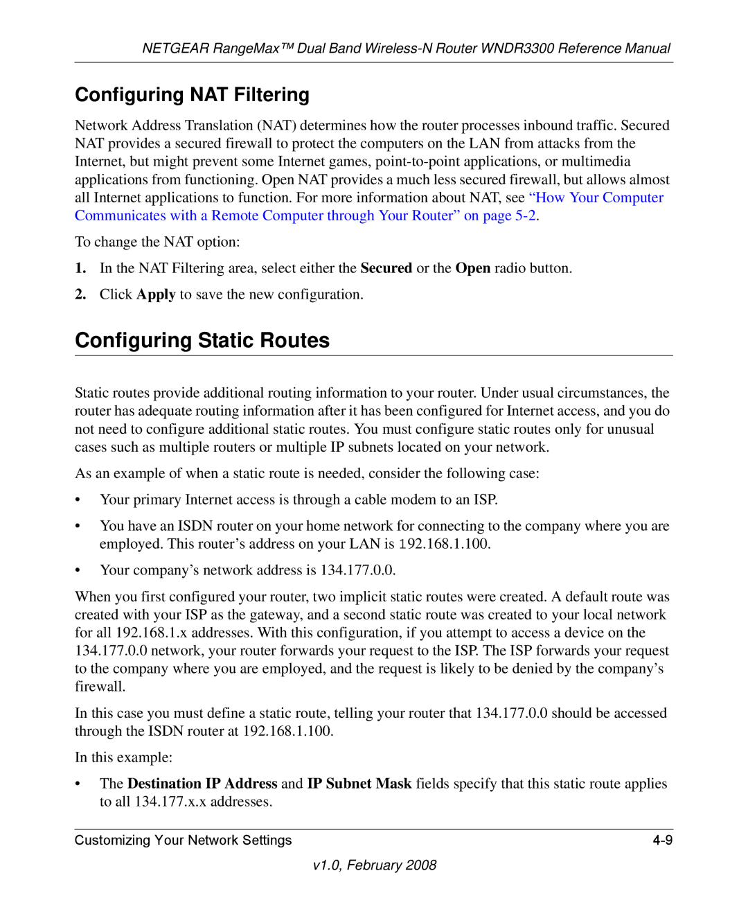 NETGEAR WNDR3300 manual Configuring Static Routes, Configuring NAT Filtering 