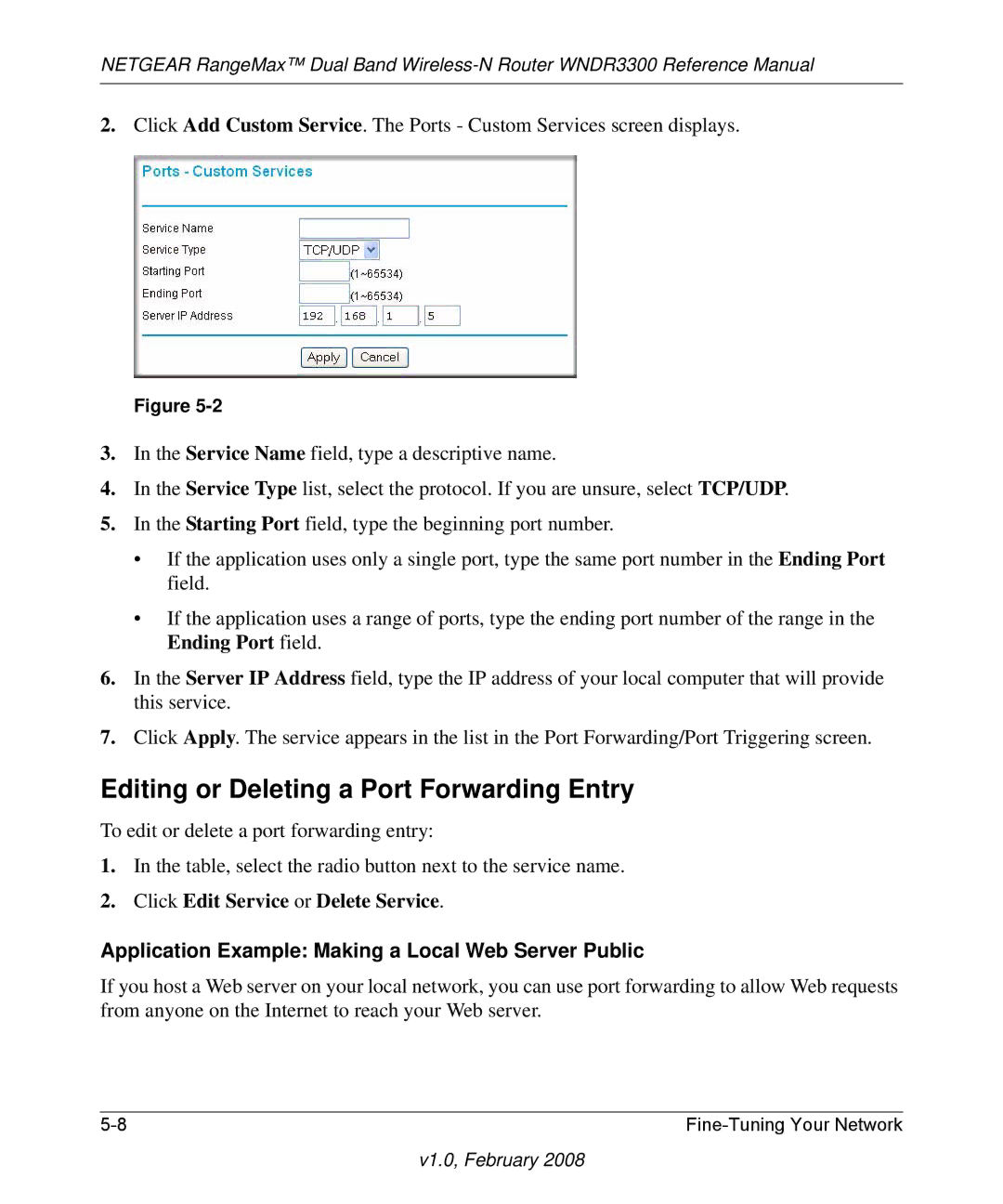 NETGEAR WNDR3300 manual Editing or Deleting a Port Forwarding Entry, Application Example Making a Local Web Server Public 