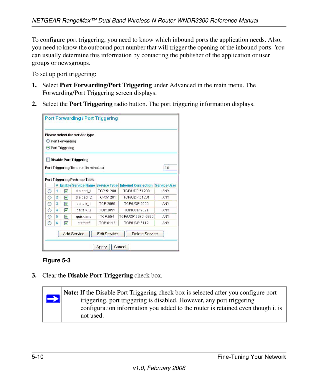 NETGEAR WNDR3300 manual Clear the Disable Port Triggering check box 