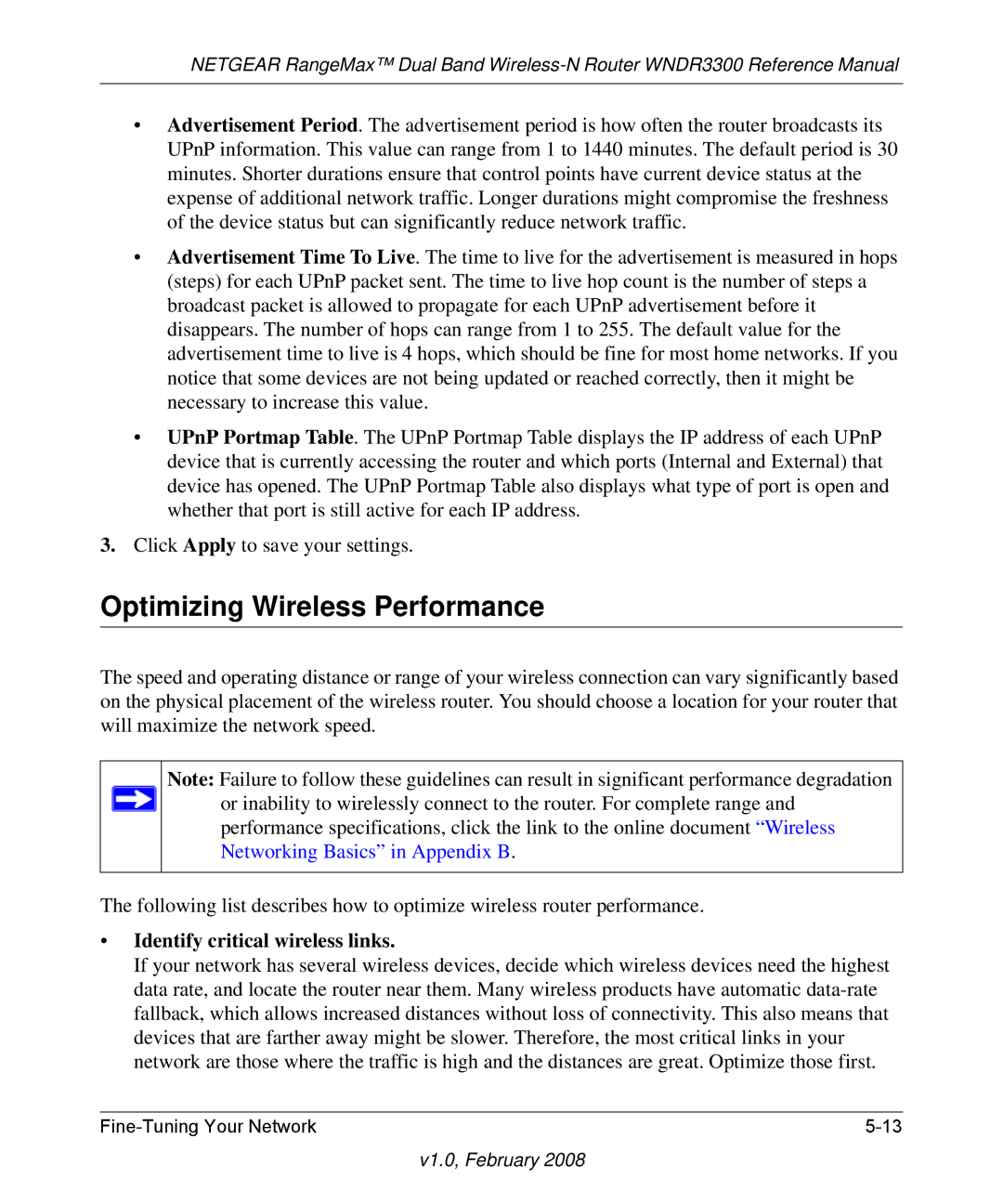 NETGEAR WNDR3300 manual Optimizing Wireless Performance, Identify critical wireless links 