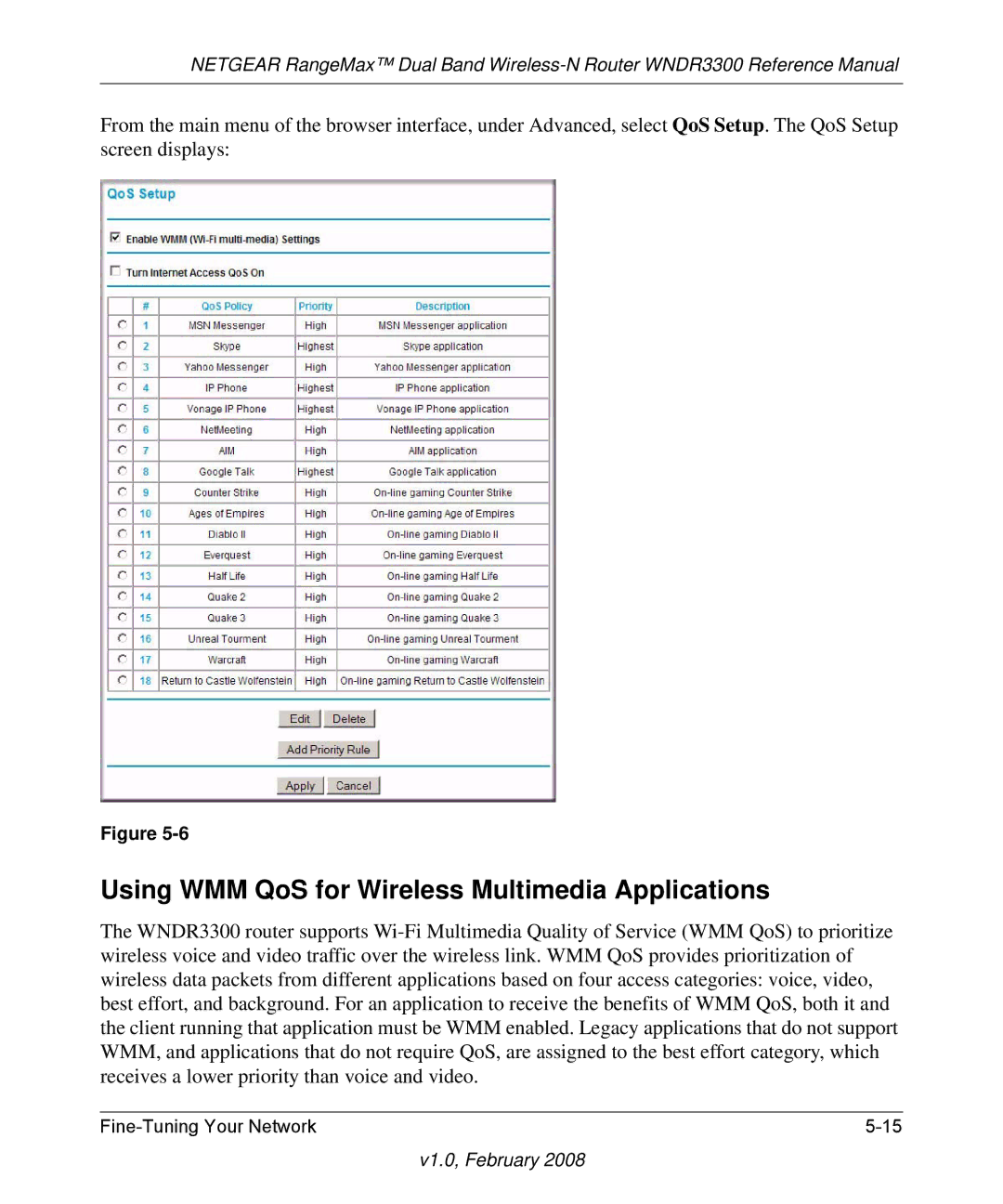 NETGEAR WNDR3300 manual Using WMM QoS for Wireless Multimedia Applications 