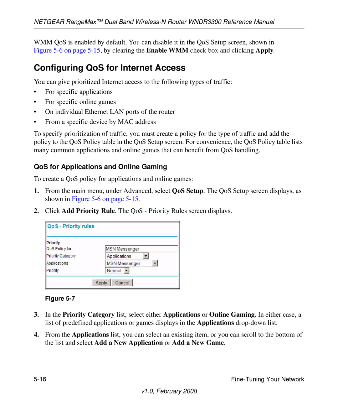 NETGEAR WNDR3300 manual Configuring QoS for Internet Access, QoS for Applications and Online Gaming 