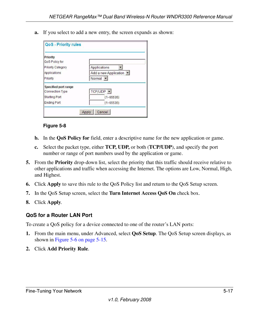 NETGEAR WNDR3300 manual QoS for a Router LAN Port, Click Add Priority Rule 