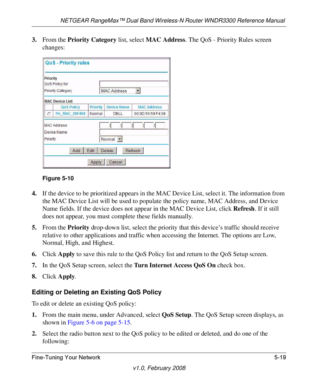 NETGEAR WNDR3300 manual Editing or Deleting an Existing QoS Policy 