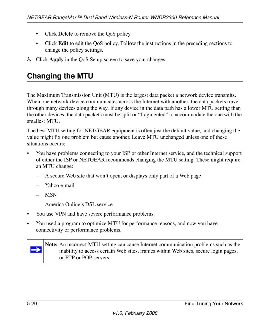 NETGEAR WNDR3300 manual Changing the MTU, Msn 