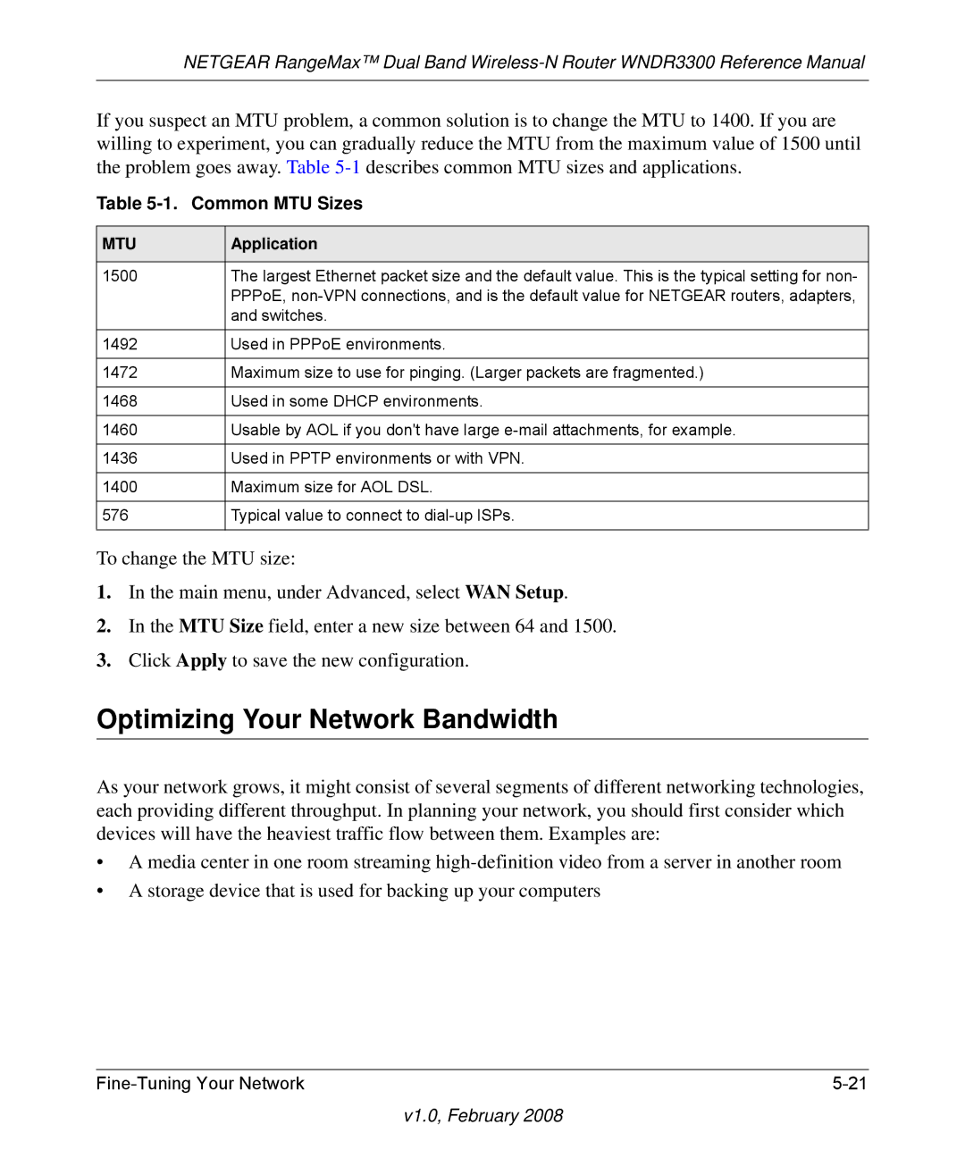 NETGEAR WNDR3300 manual Optimizing Your Network Bandwidth, Common MTU Sizes, Application 