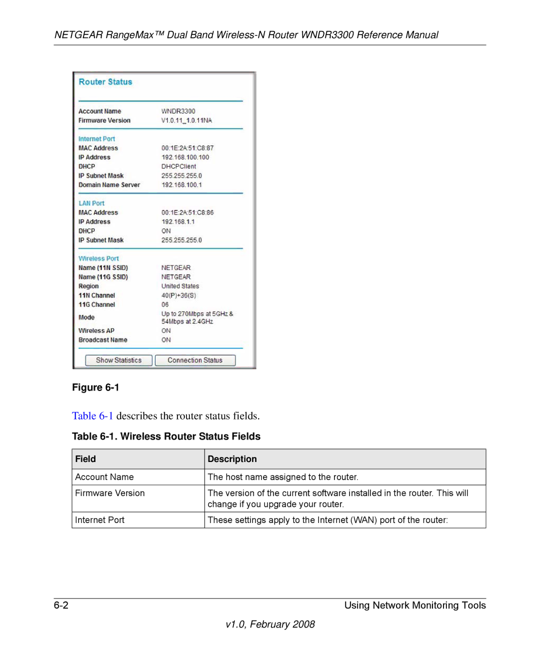 NETGEAR WNDR3300 manual 1describes the router status fields, Wireless Router Status Fields 