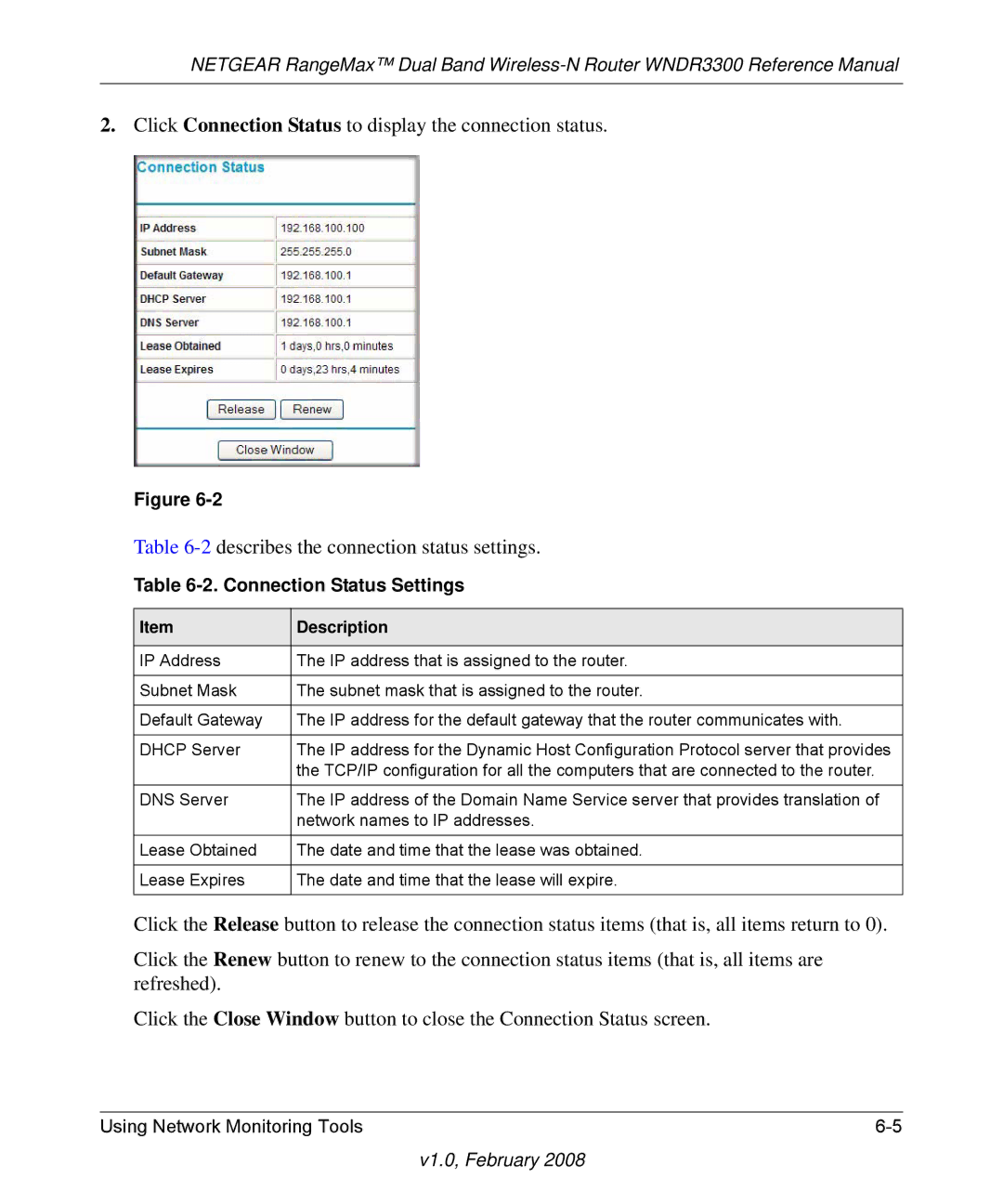 NETGEAR WNDR3300 manual Connection Status Settings 