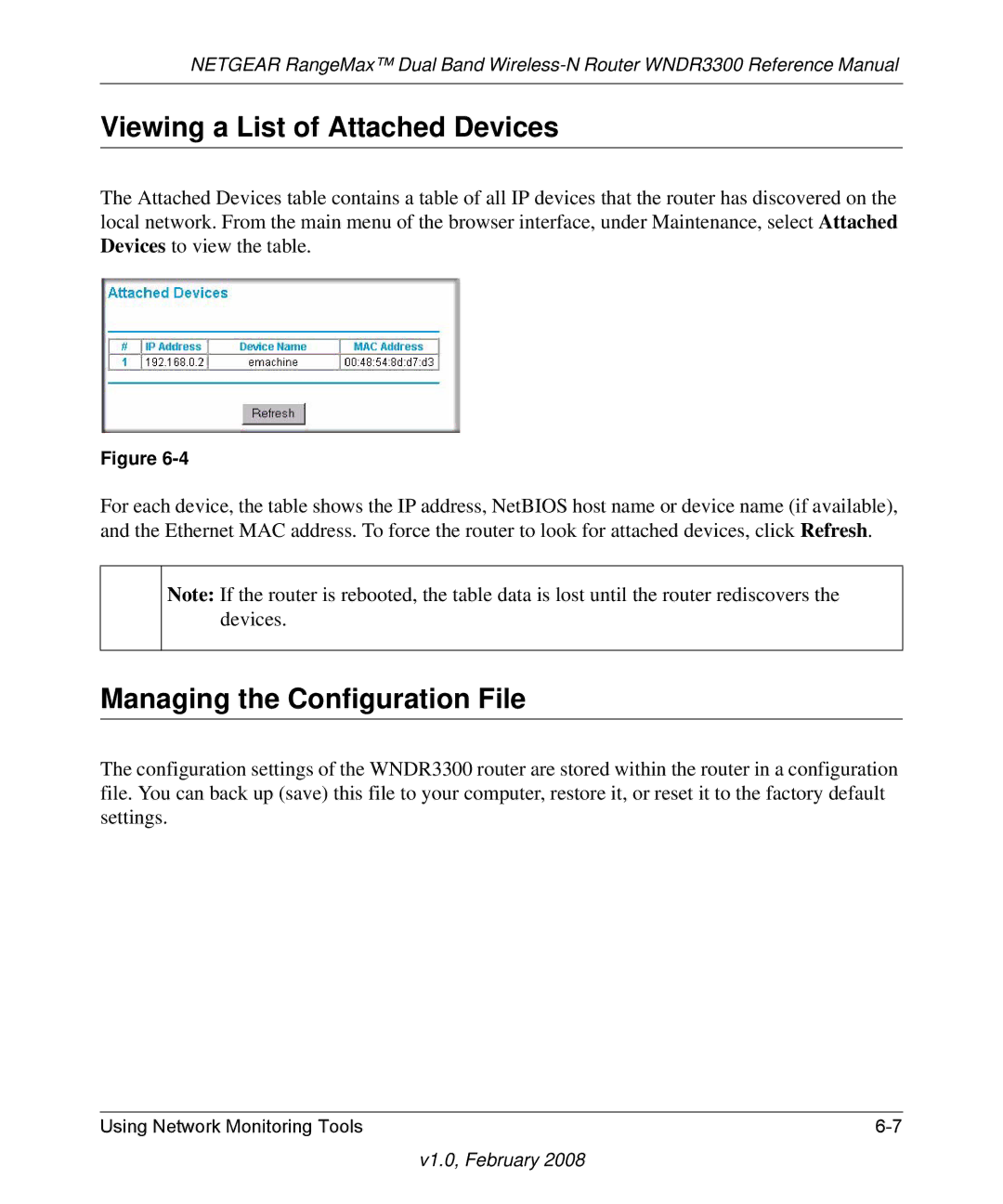 NETGEAR WNDR3300 manual Viewing a List of Attached Devices, Managing the Configuration File 