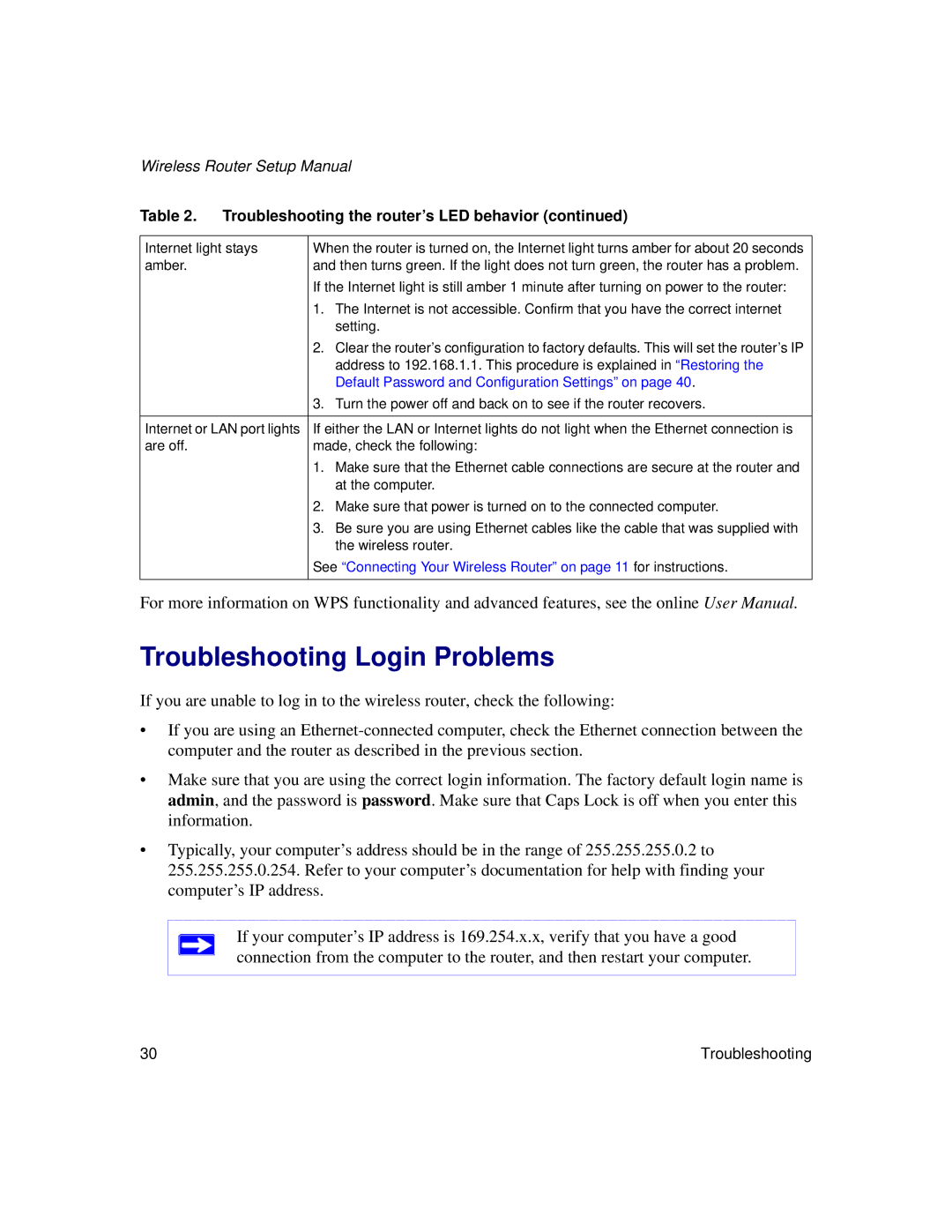 NETGEAR WNDR3300f manual Troubleshooting Login Problems, Default Password and Configuration Settings on 