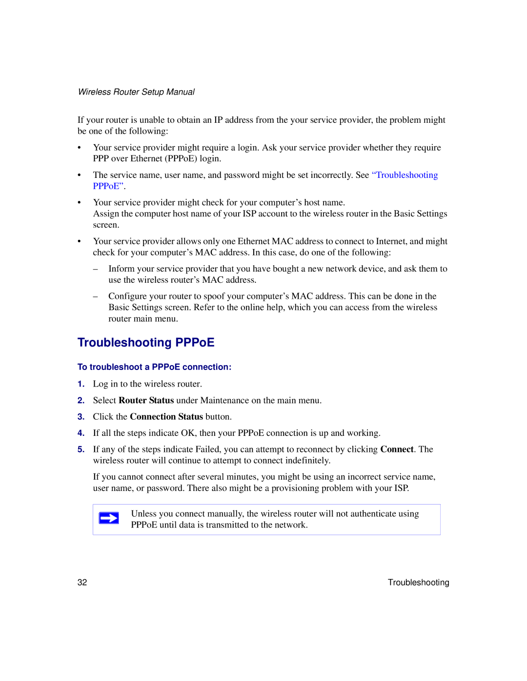 NETGEAR WNDR3300f manual Troubleshooting PPPoE, Click the Connection Status button 