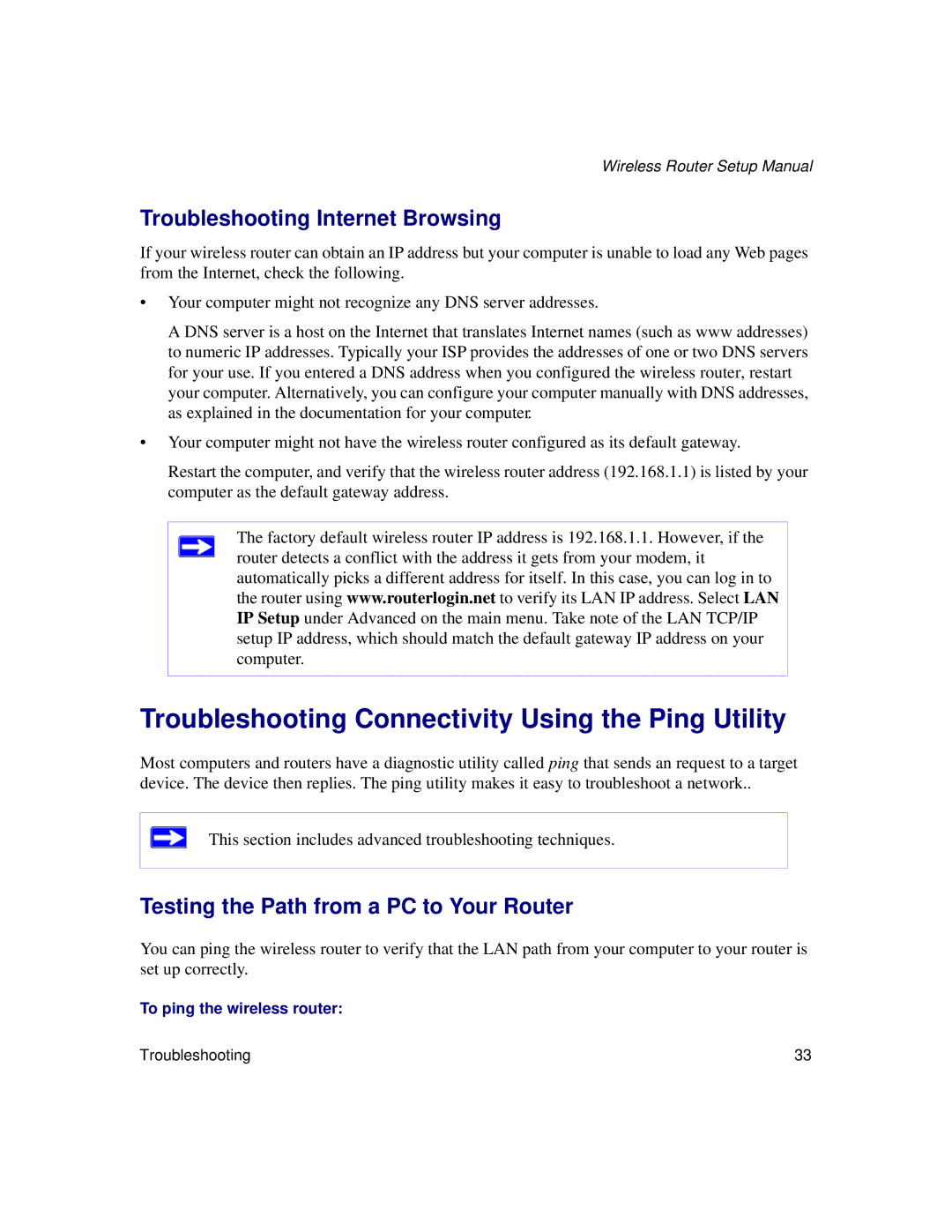 NETGEAR WNDR3300f manual Troubleshooting Connectivity Using the Ping Utility, Troubleshooting Internet Browsing 