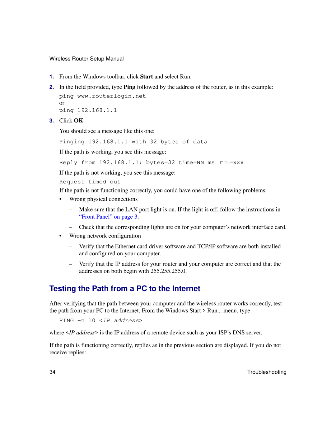 NETGEAR WNDR3300f manual Testing the Path from a PC to the Internet 