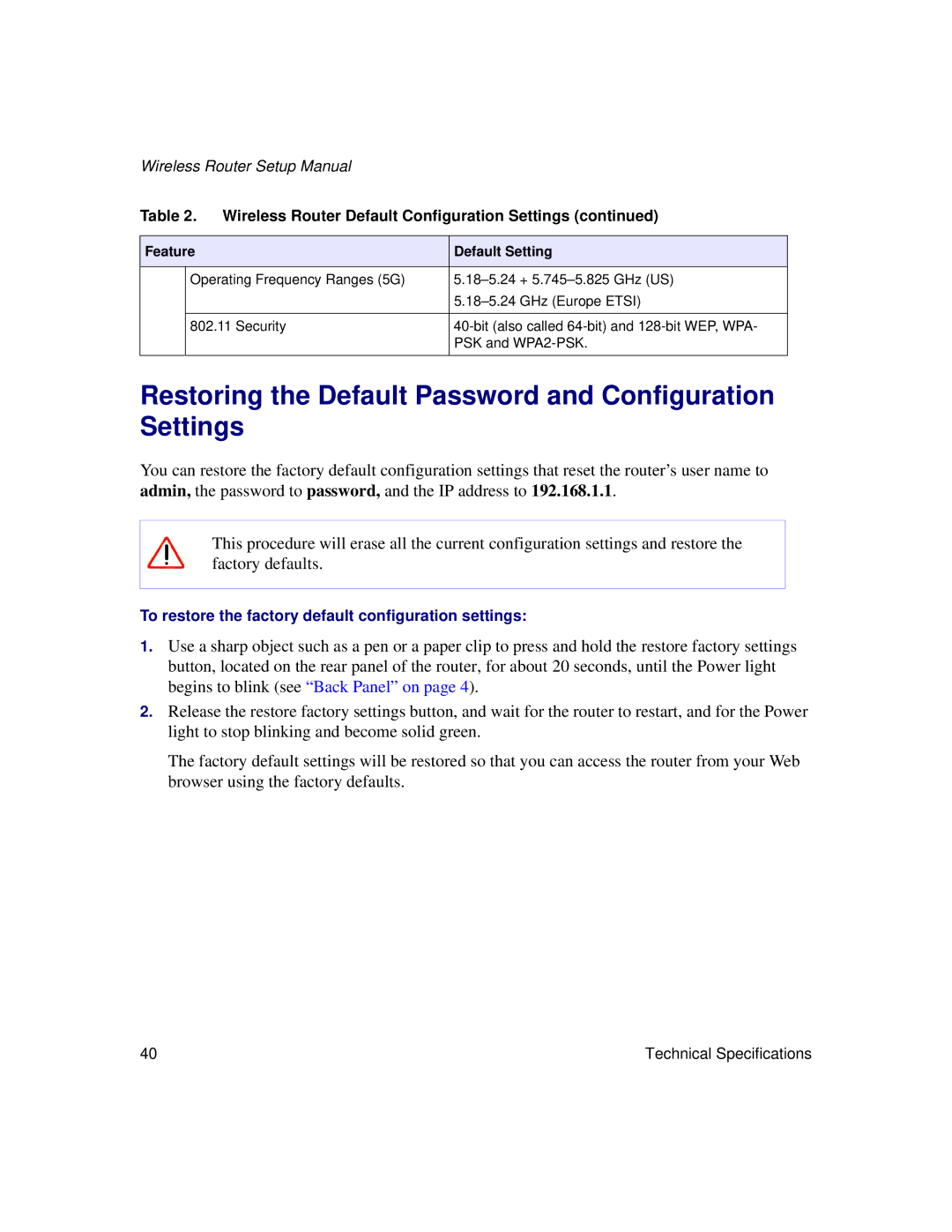 NETGEAR WNDR3300f manual Restoring the Default Password and Configuration Settings, Feature Default Setting 