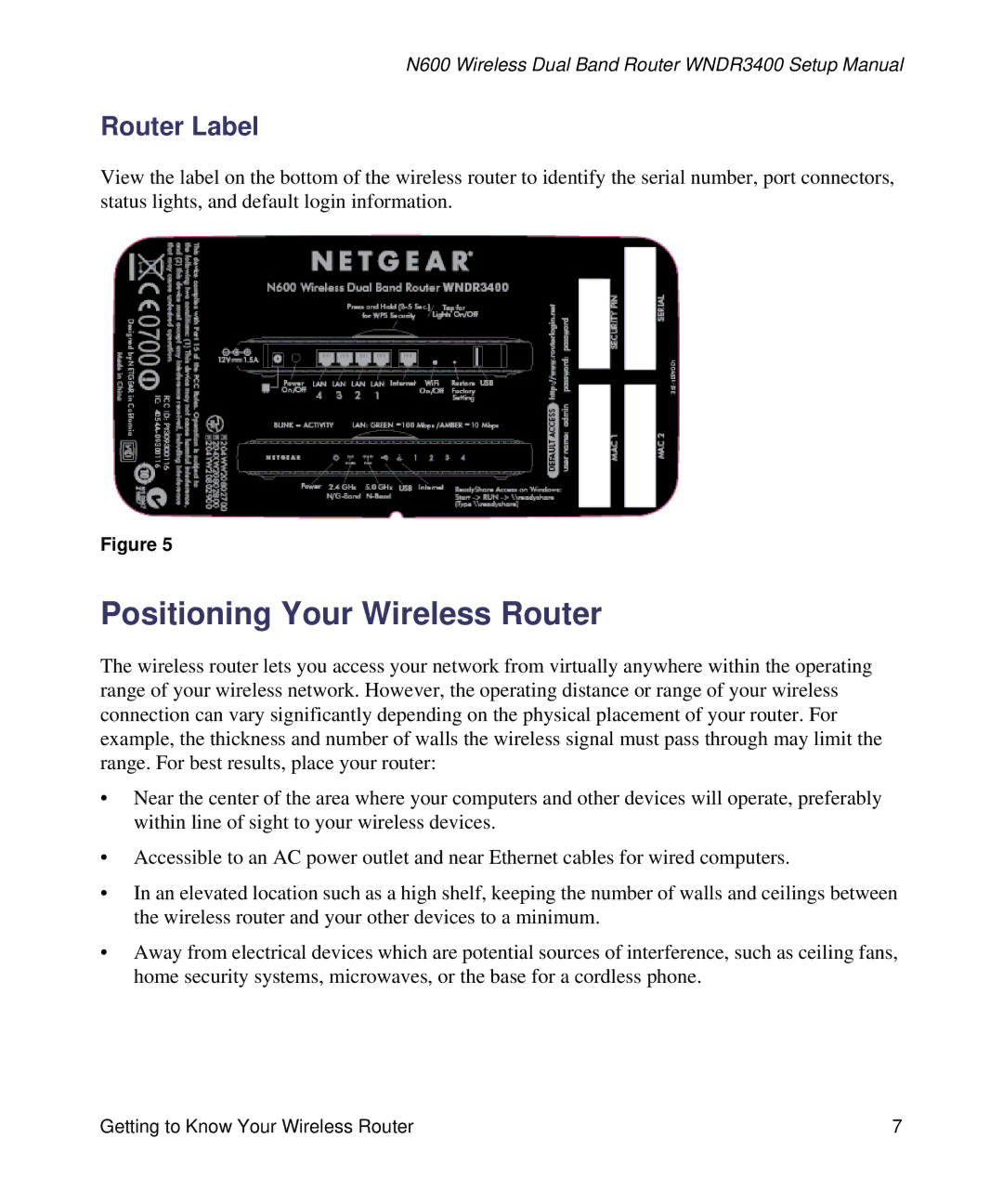 NETGEAR WNDR3400-100NAS manual Positioning Your Wireless Router, Router Label 