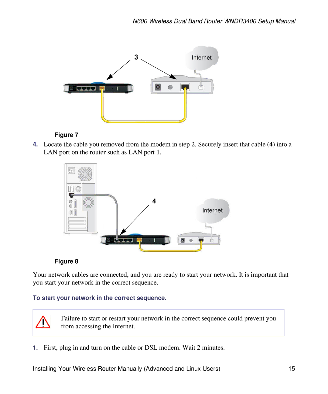 NETGEAR WNDR3400-100NAS manual To start your network in the correct sequence 