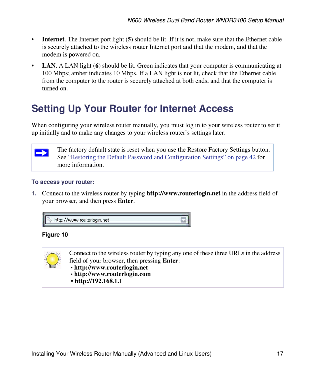 NETGEAR WNDR3400-100NAS manual Setting Up Your Router for Internet Access, Http//192.168.1.1 